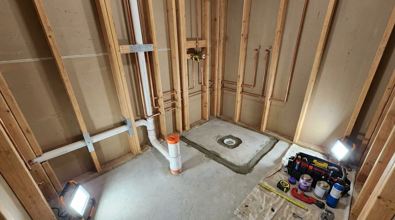 Bathroom rough-in plumbing during remodel by Johns Plumbing LLC in Central