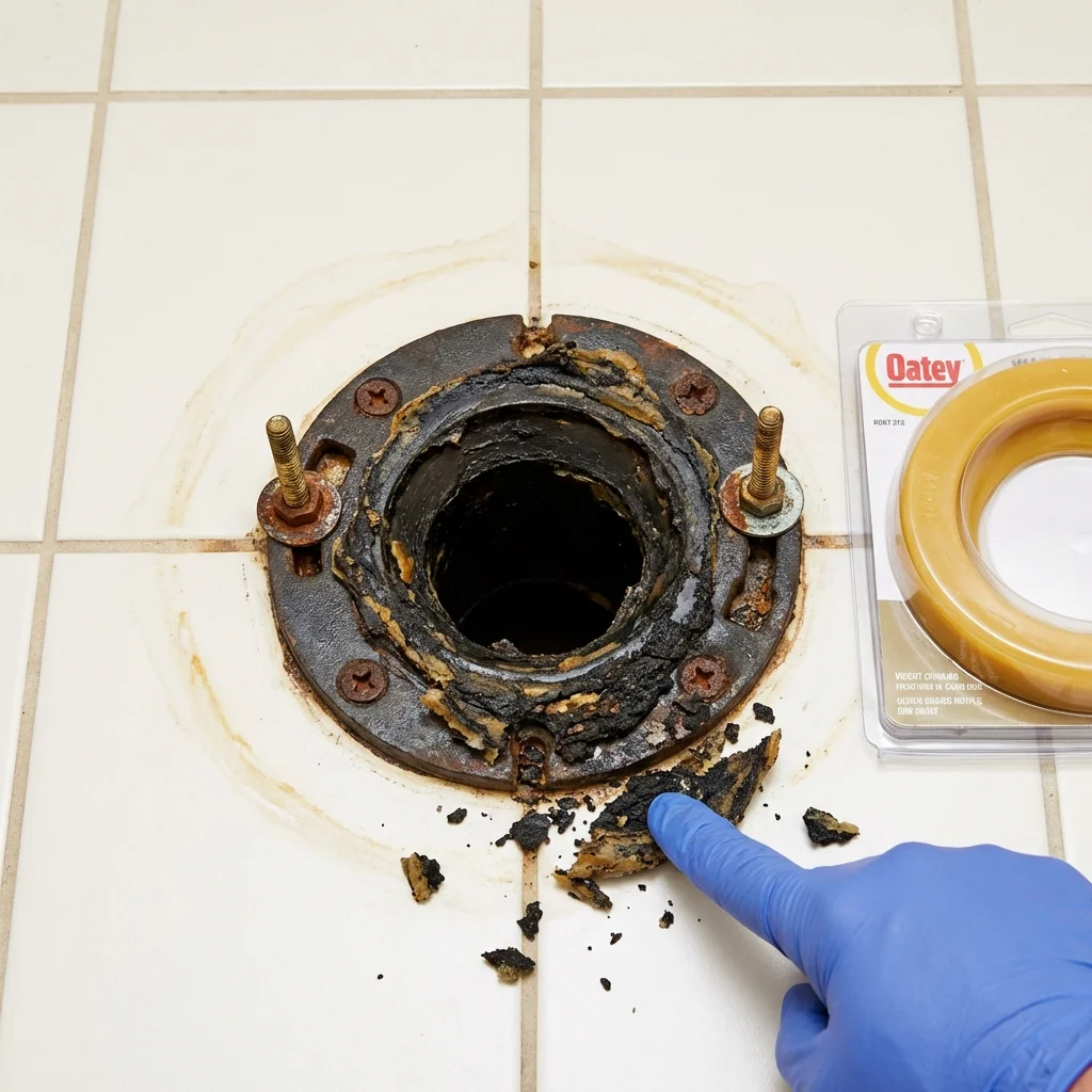 Failed wax ring showing water seepage at the base of a toilet in a Central, SC home