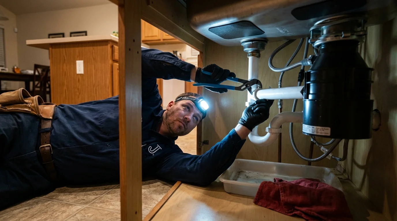 P-trap and supply line connections under a kitchen sink showing a common leak point in Central, SC